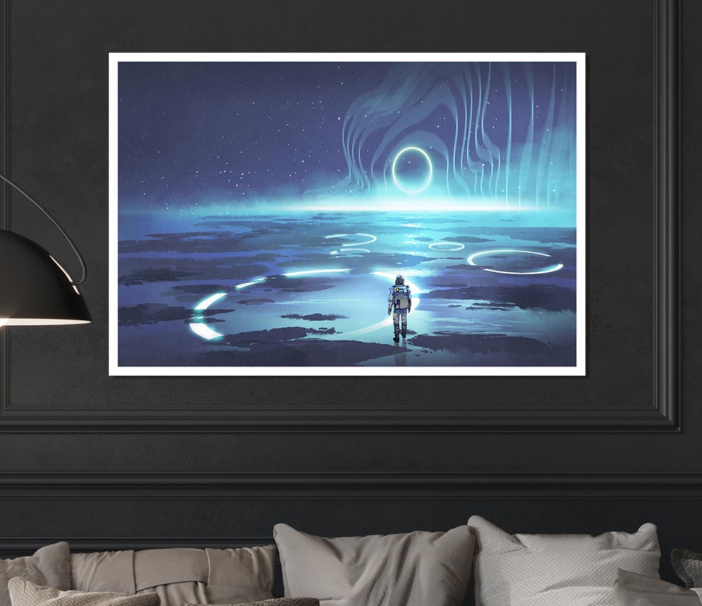 Adventure Waits In The Cosmos poster on high-quality canvas, showcasing vibrant cosmic imagery.