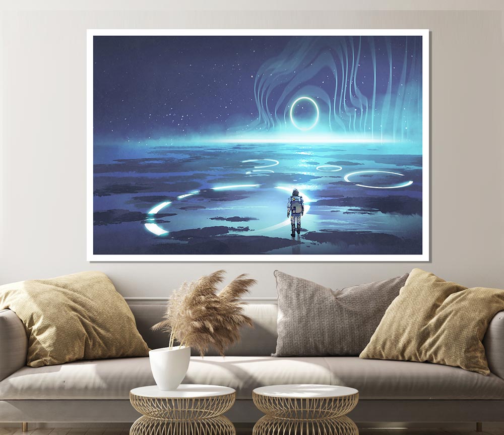 Adventure Waits In The Cosmos poster on high-quality canvas, showcasing vibrant cosmic imagery.