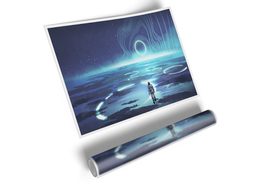 Adventure Waits In The Cosmos poster on high-quality canvas, showcasing vibrant cosmic imagery.