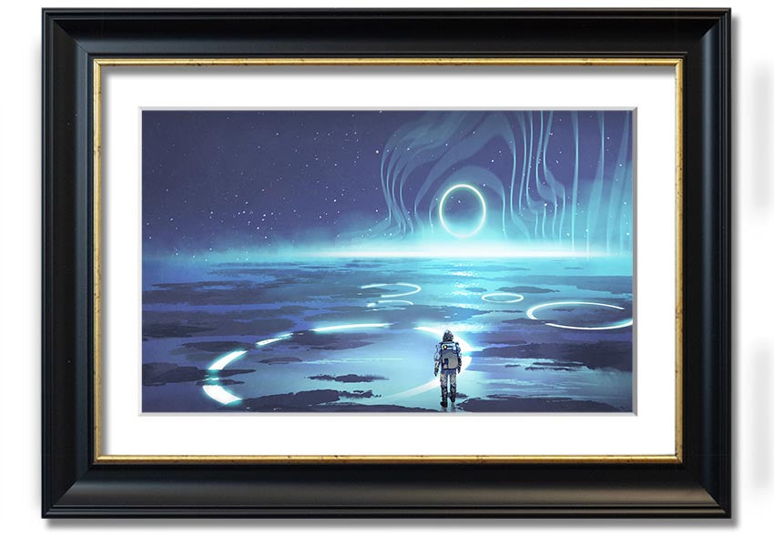 Adventure Waits In The Cosmos framed print showcasing a cosmic scene, framed in a stylish color, ready to hang.