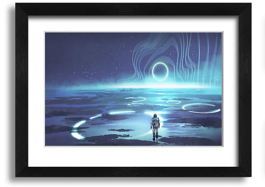 Adventure Waits In The Cosmos framed print showcasing a cosmic scene, framed in a stylish color, ready to hang.