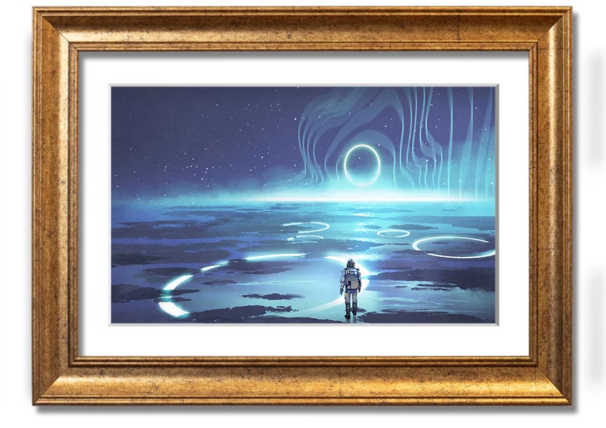 Adventure Waits In The Cosmos framed print showcasing a cosmic scene, framed in a stylish color, ready to hang.