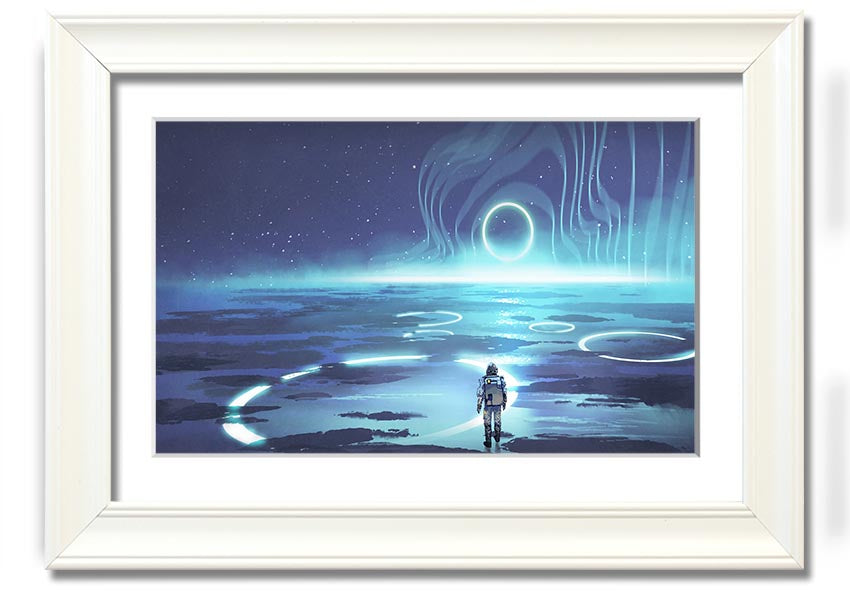 Adventure Waits In The Cosmos framed print showcasing a cosmic scene, framed in a stylish color, ready to hang.