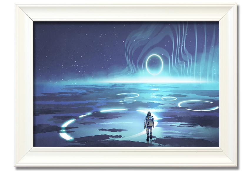 Adventure Waits In The Cosmos framed print showcasing a cosmic scene, framed in a stylish color, ready to hang.