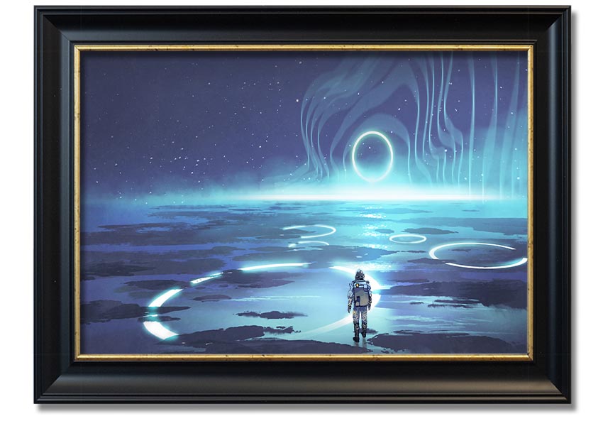 Adventure Waits In The Cosmos framed print showcasing a cosmic scene, framed in a stylish color, ready to hang.