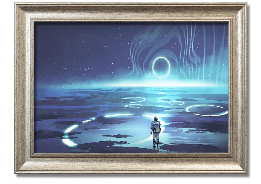 Adventure Waits In The Cosmos framed print showcasing a cosmic scene, framed in a stylish color, ready to hang.