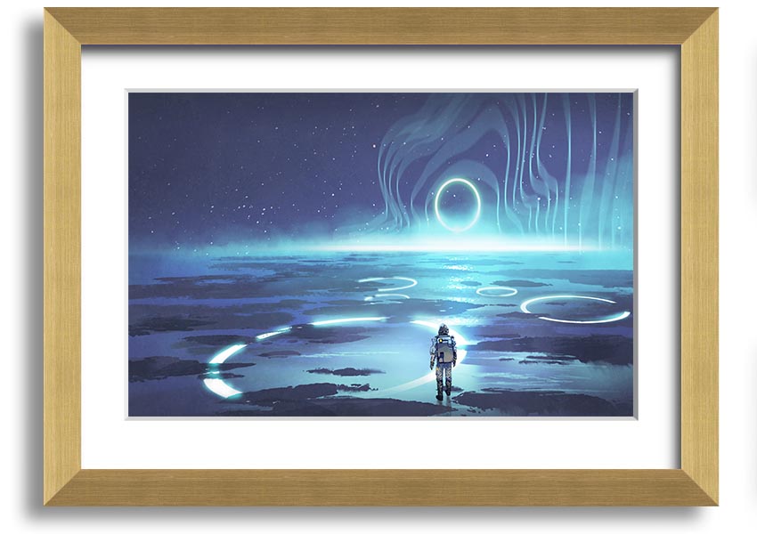 Adventure Waits In The Cosmos framed print showcasing a cosmic scene, framed in a stylish color, ready to hang.