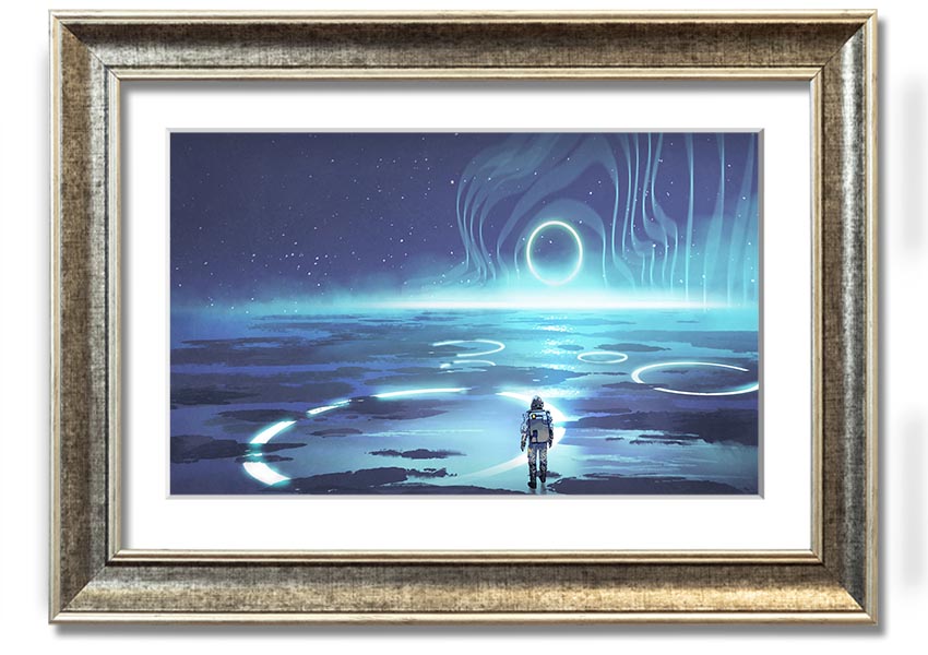 Adventure Waits In The Cosmos framed print showcasing a cosmic scene, framed in a stylish color, ready to hang.