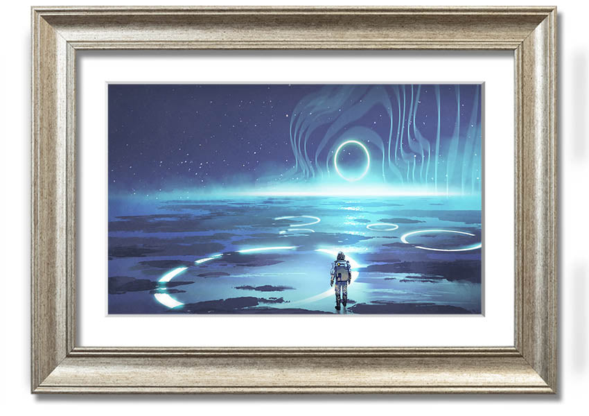 Adventure Waits In The Cosmos framed print showcasing a cosmic scene, framed in a stylish color, ready to hang.