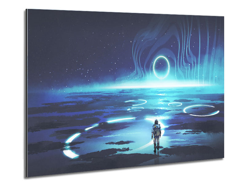 Adventure Waits In The Cosmos artwork printed on brushed aluminium dibond, showcasing vibrant cosmic colors and modern design.