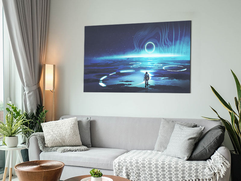 Adventure Waits In The Cosmos artwork printed on brushed aluminium dibond, showcasing vibrant cosmic colors and modern design.