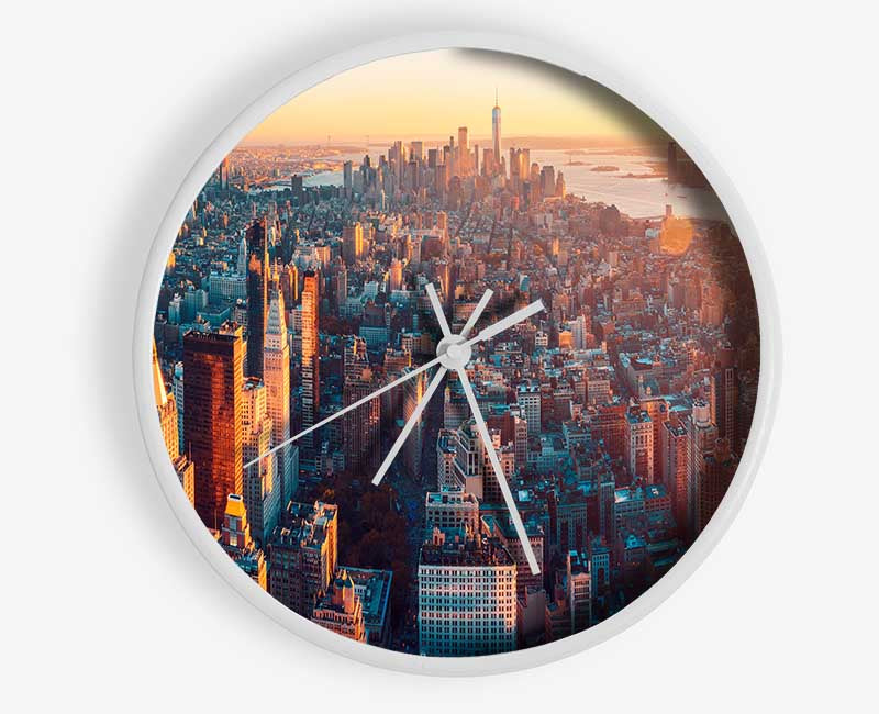 Aerial City Sunset Dream clock made of natural bamboo with a round face, available in black, white, and natural frame colors.