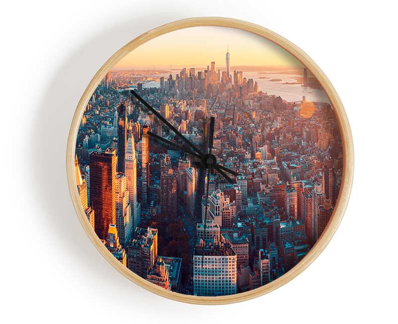 Aerial City Sunset Dream clock made of natural bamboo with a round face, available in black, white, and natural frame colors.