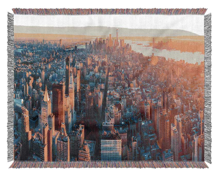 Aerial City Sunset Dream throw blanket made of 100% cotton, featuring a luxurious thermal weave design in soft, soothing colors.