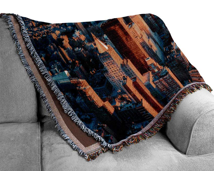 Aerial City Sunset Dream throw blanket made of 100% cotton, featuring a luxurious thermal weave design in soft, soothing colors.