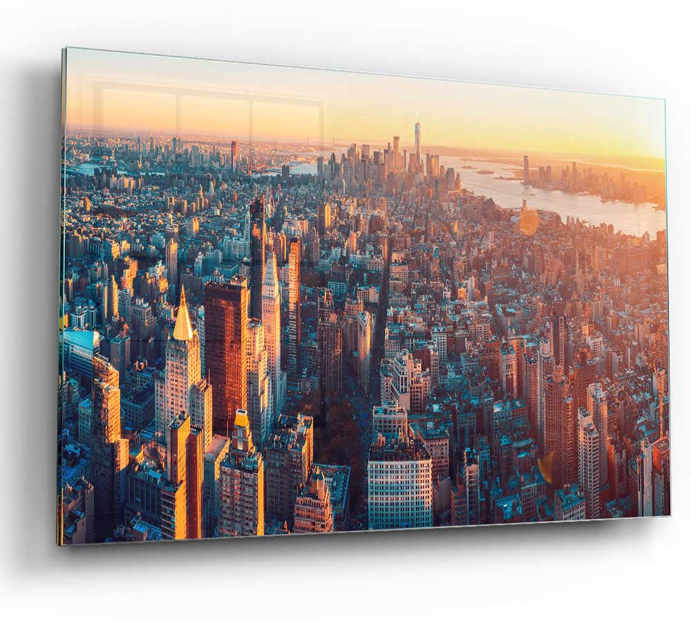 Aerial city sunset dream glass print showcasing a vibrant city skyline at sunset, perfect for modern decor.