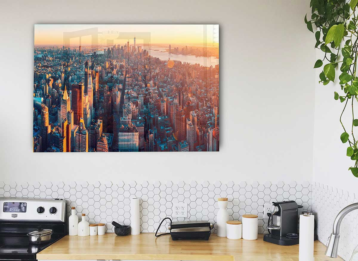 Aerial city sunset dream glass print showcasing a vibrant city skyline at sunset, perfect for modern decor.