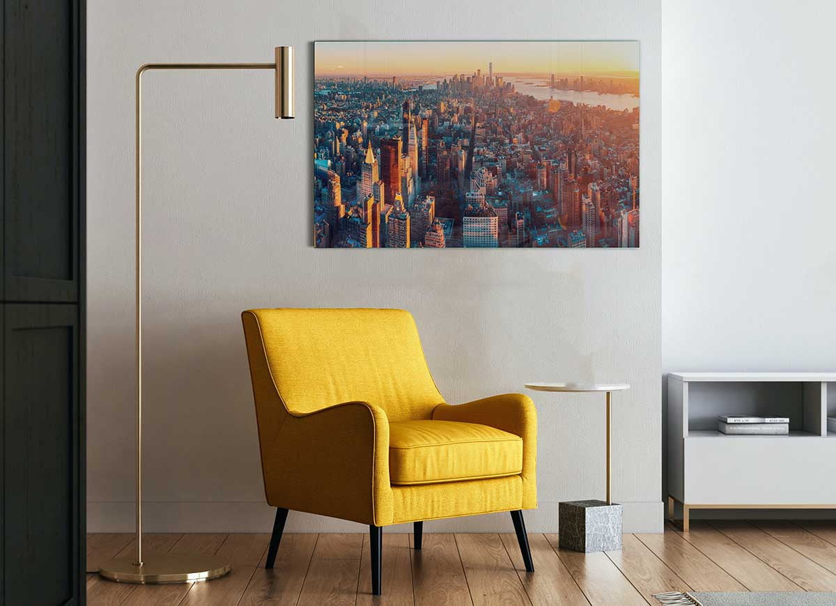 Aerial city sunset dream glass print showcasing a vibrant city skyline at sunset, perfect for modern decor.