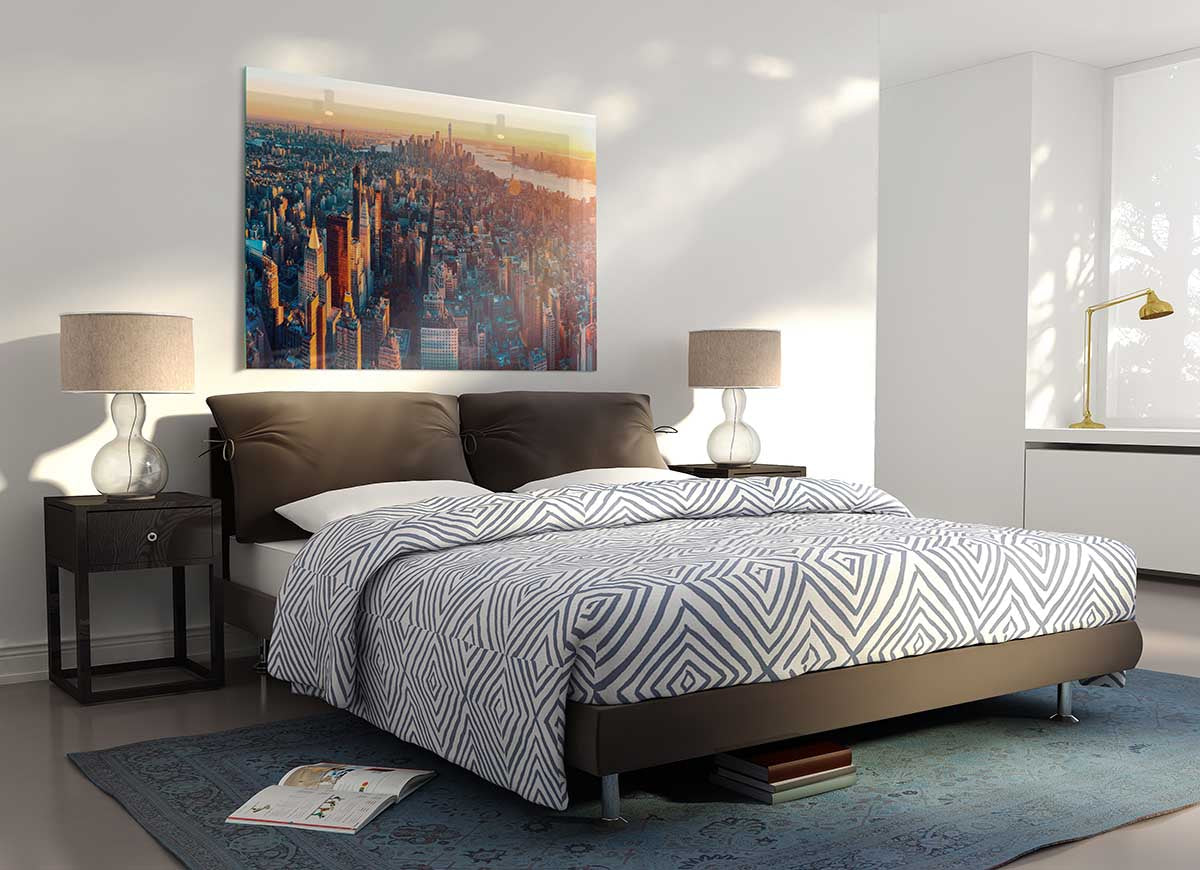 Aerial city sunset dream glass print showcasing a vibrant city skyline at sunset, perfect for modern decor.