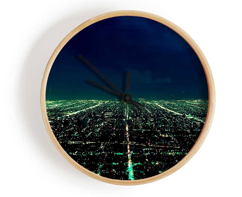 Aerial City View clock made from natural bamboo with a round face and clear Plexiglas lens, available in black, white, and natural frame colors.