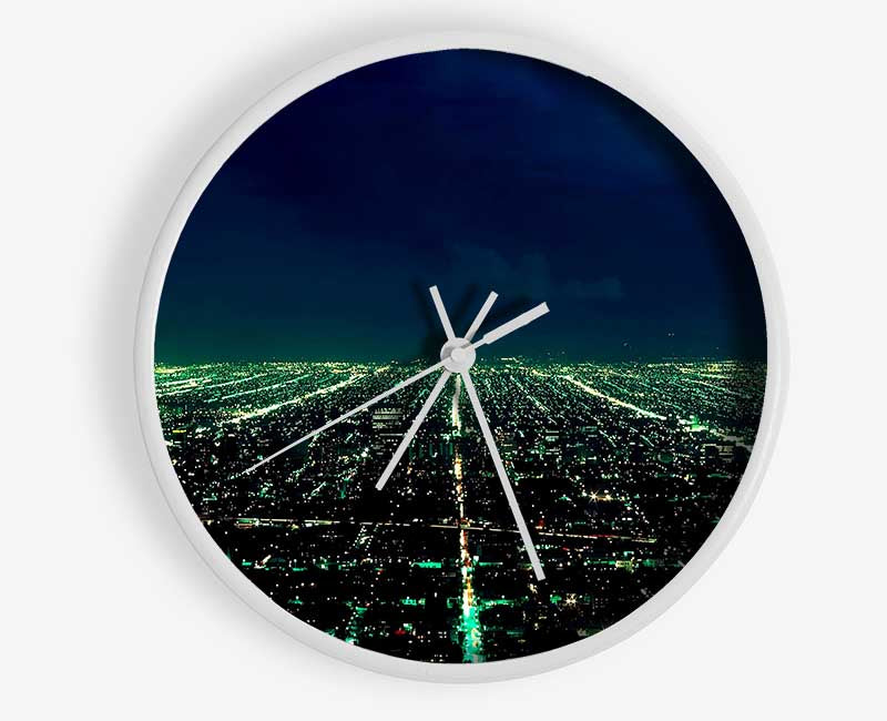 Aerial City View clock made from natural bamboo with a round face and clear Plexiglas lens, available in black, white, and natural frame colors.