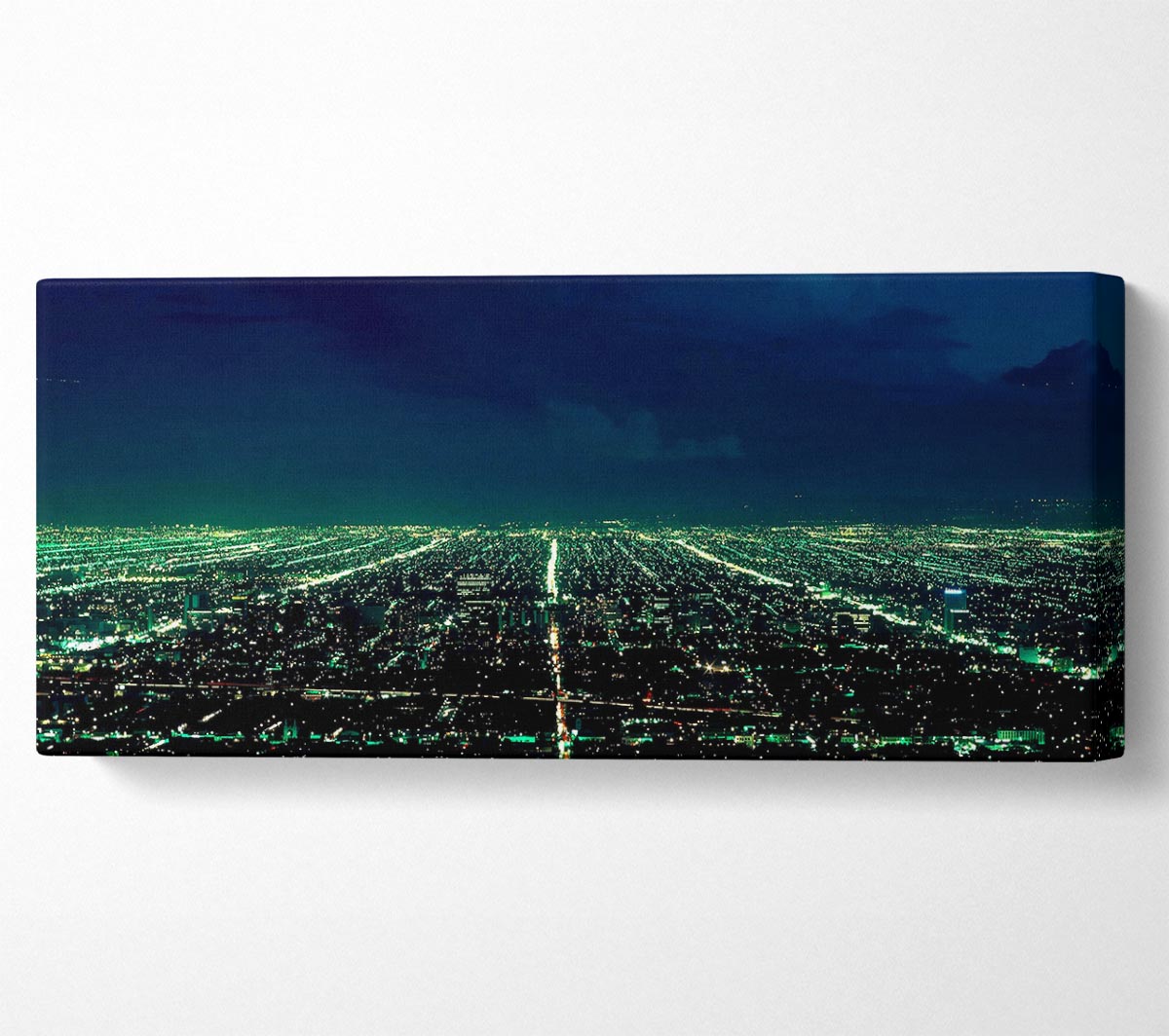 Aerial view of a vibrant cityscape printed on canvas, mounted on a sturdy box frame, ready to hang.