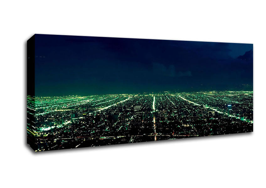 Aerial view of a vibrant cityscape printed on canvas, mounted on a sturdy box frame, ready to hang.