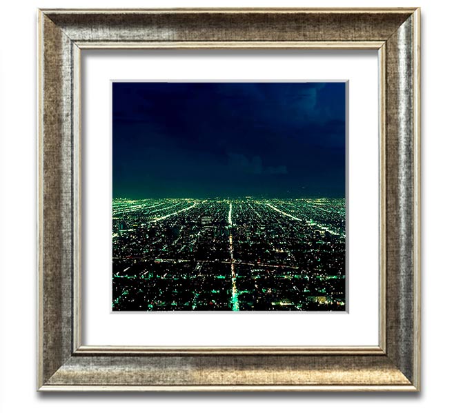 Aerial City View Square Framed Print showcasing a vibrant urban landscape, elegantly framed in a stylish color.