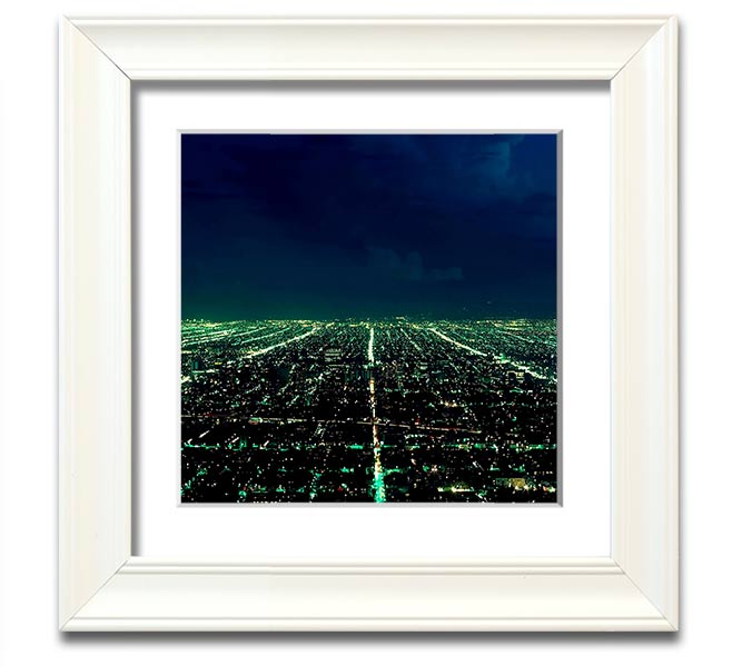 Aerial City View Square Framed Print showcasing a vibrant urban landscape, elegantly framed in a stylish color.