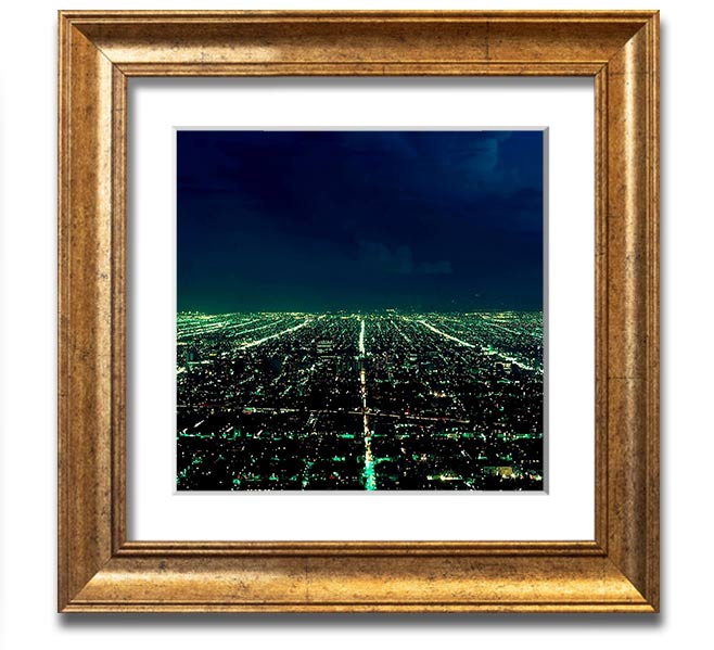 Aerial City View Square Framed Print showcasing a vibrant urban landscape, elegantly framed in a stylish color.