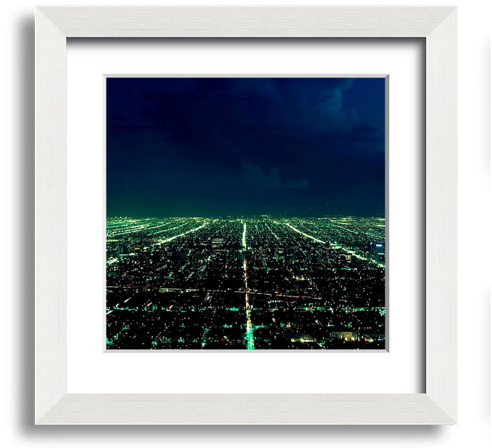 Aerial City View Square Framed Print showcasing a vibrant urban landscape, elegantly framed in a stylish color.