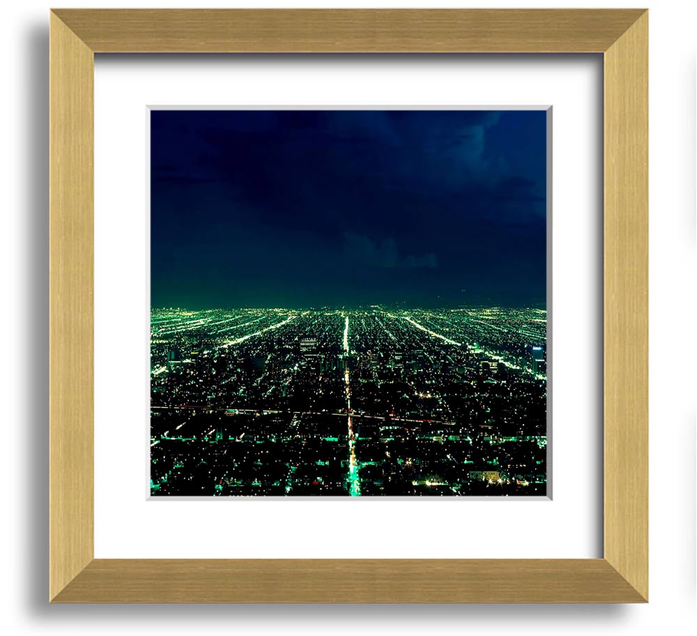 Aerial City View Square Framed Print showcasing a vibrant urban landscape, elegantly framed in a stylish color.