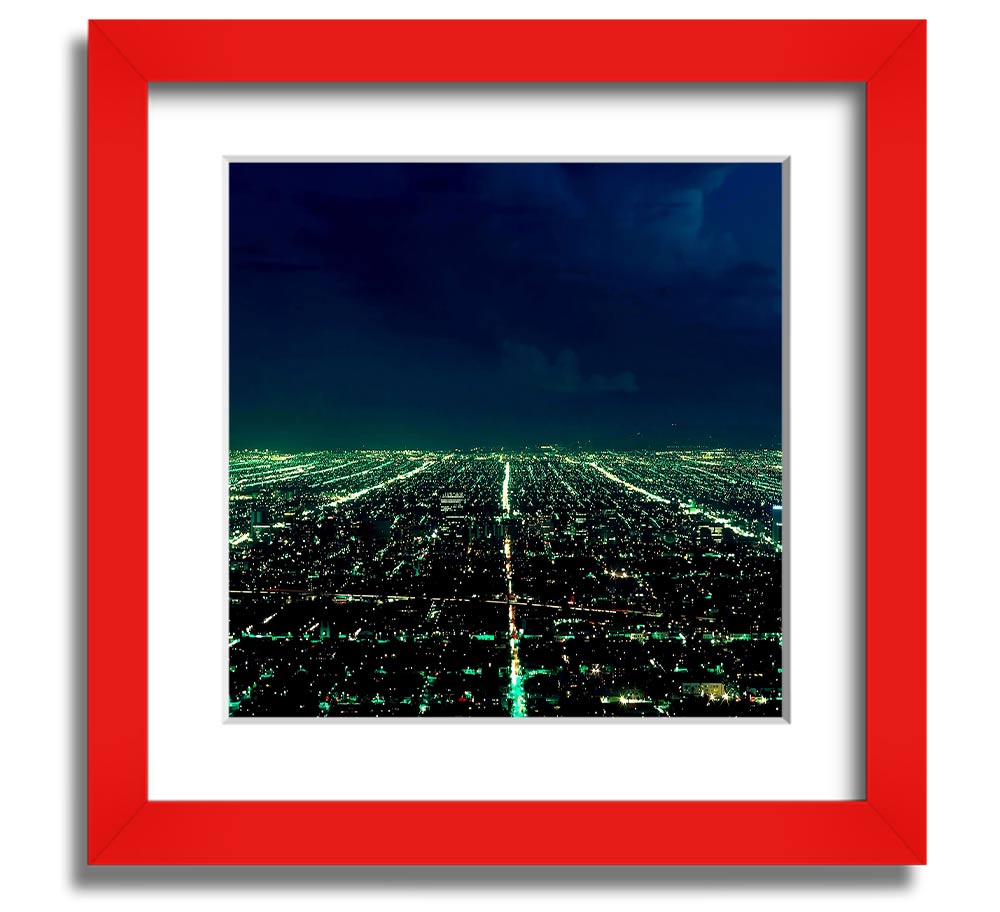 Aerial City View Square Framed Print showcasing a vibrant urban landscape, elegantly framed in a stylish color.