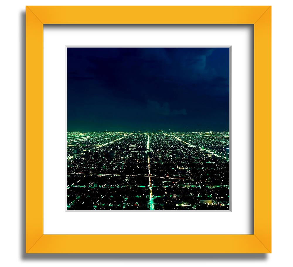 Aerial City View Square Framed Print showcasing a vibrant urban landscape, elegantly framed in a stylish color.