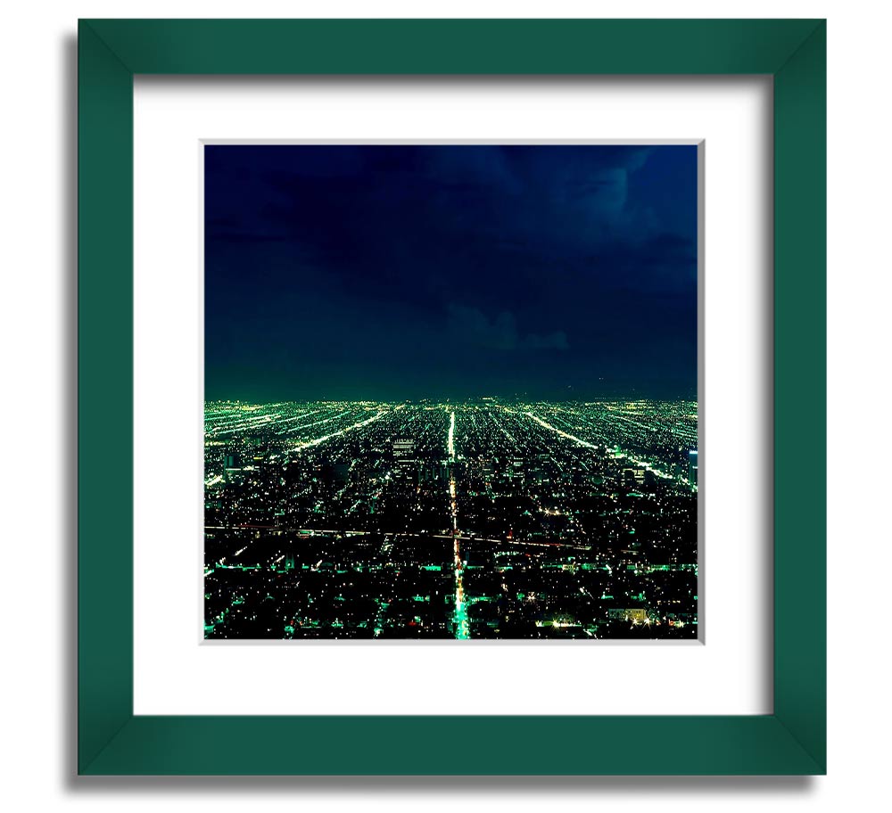 Aerial City View Square Framed Print showcasing a vibrant urban landscape, elegantly framed in a stylish color.