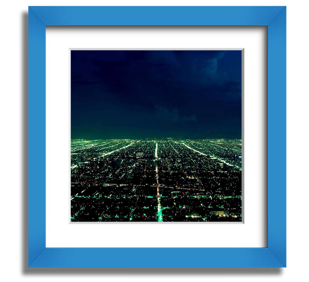 Aerial City View Square Framed Print showcasing a vibrant urban landscape, elegantly framed in a stylish color.