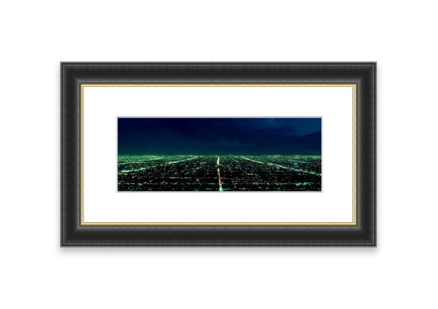 Aerial view of a city captured in a framed print, showcasing vibrant colors and intricate details, available in various frame colors.