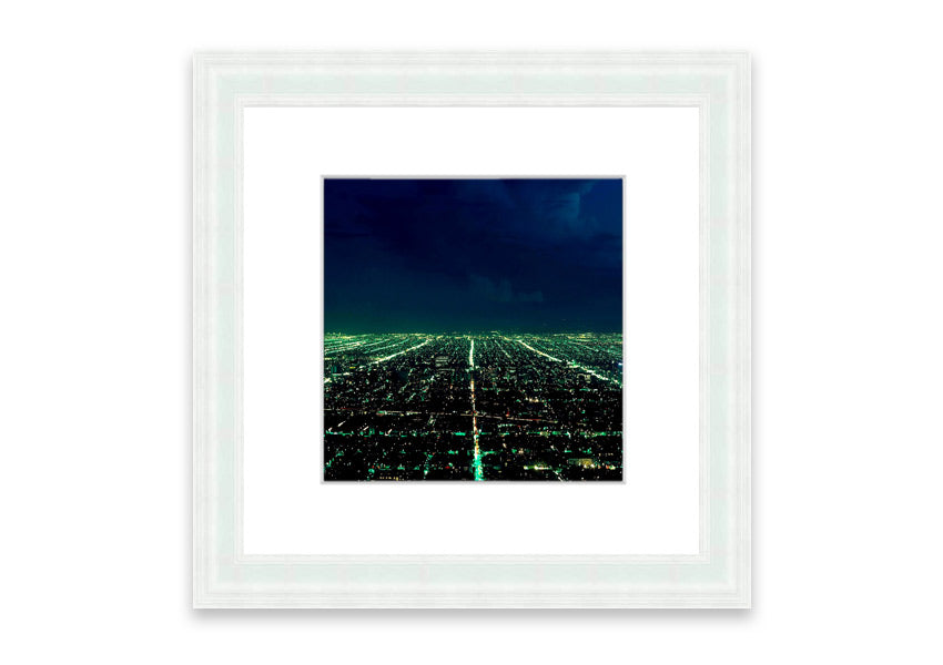 Aerial view of a city captured in a framed print, showcasing vibrant colors and intricate details, available in various frame colors.