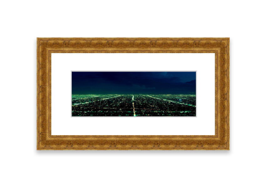 Aerial view of a city captured in a framed print, showcasing vibrant colors and intricate details, available in various frame colors.