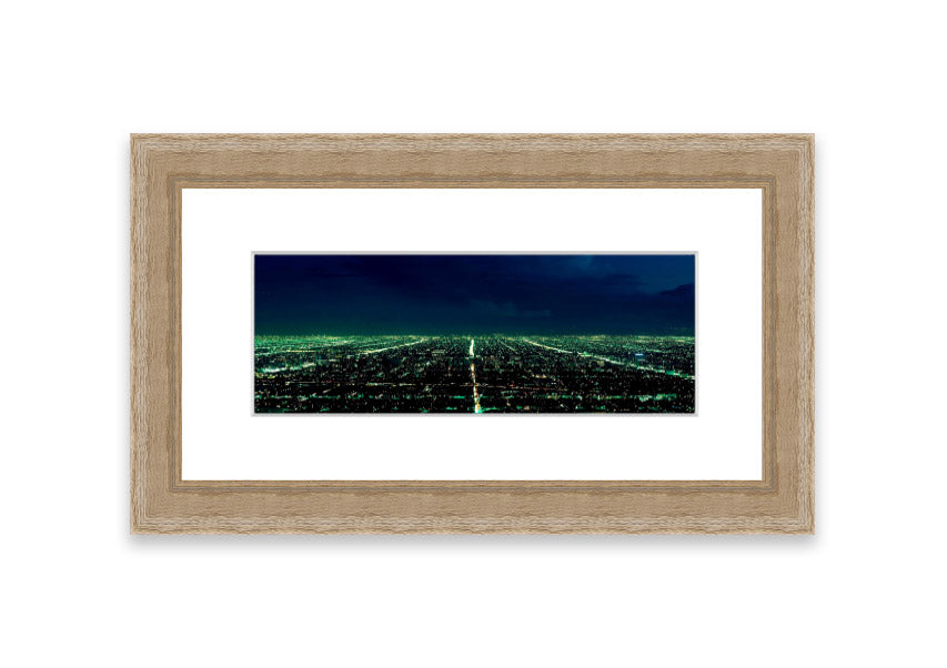 Aerial view of a city captured in a framed print, showcasing vibrant colors and intricate details, available in various frame colors.