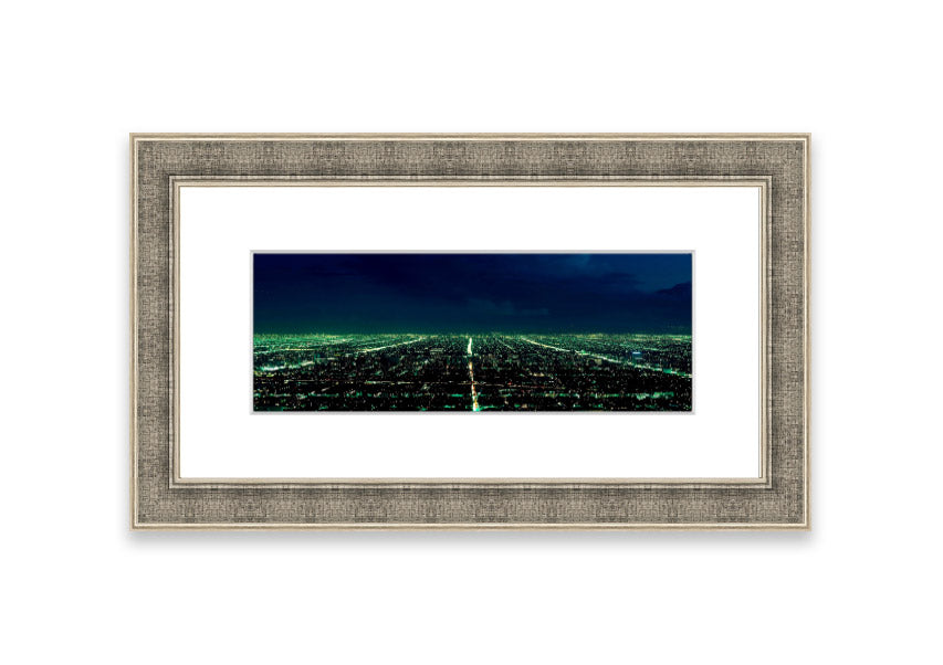 Aerial view of a city captured in a framed print, showcasing vibrant colors and intricate details, available in various frame colors.