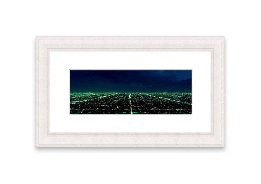 Aerial view of a city captured in a framed print, showcasing vibrant colors and intricate details, available in various frame colors.