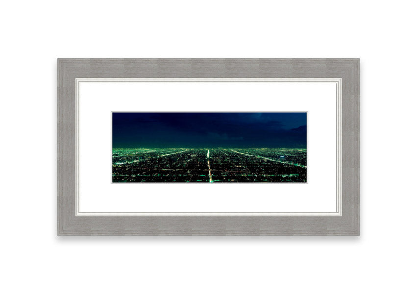 Aerial view of a city captured in a framed print, showcasing vibrant colors and intricate details, available in various frame colors.