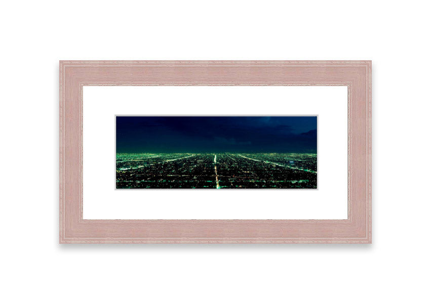 Aerial view of a city captured in a framed print, showcasing vibrant colors and intricate details, available in various frame colors.