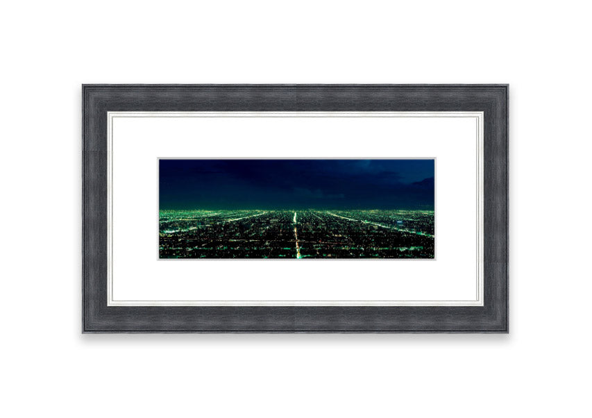 Aerial view of a city captured in a framed print, showcasing vibrant colors and intricate details, available in various frame colors.