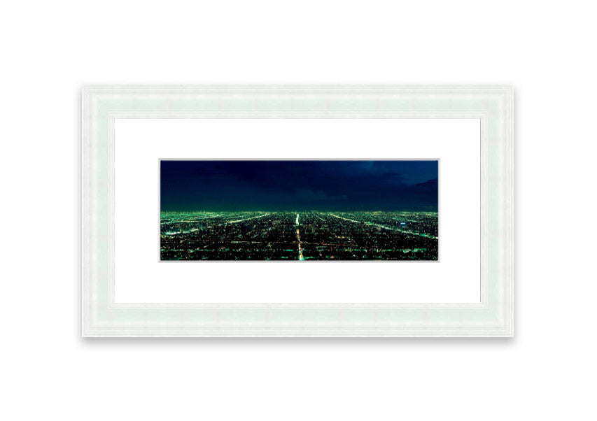 Aerial view of a city captured in a framed print, showcasing vibrant colors and intricate details, available in various frame colors.