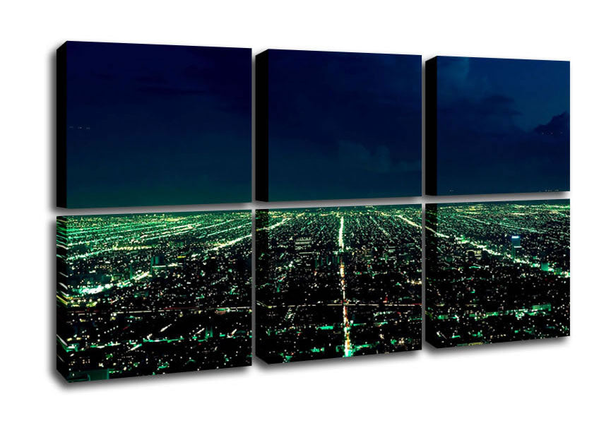 Aerial view of a vibrant city skyline printed on canvas, mounted on a sturdy box frame, ready to hang.