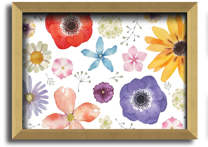 Aerial view of colorful flowers framed print, showcasing vibrant colors and intricate details, ready to hang.