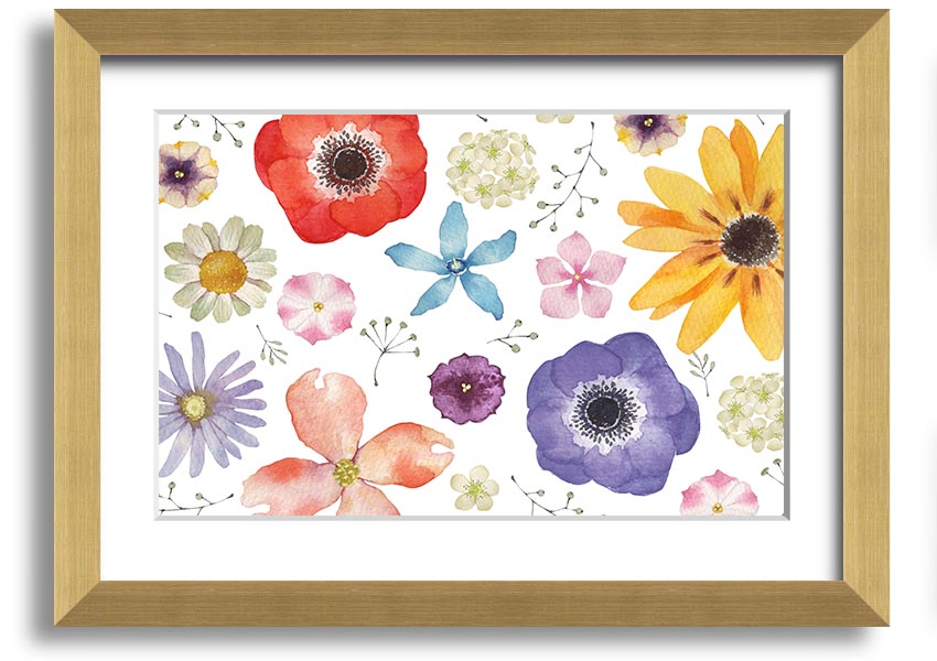 Aerial view of colorful flowers framed print, showcasing vibrant colors and intricate details, ready to hang.