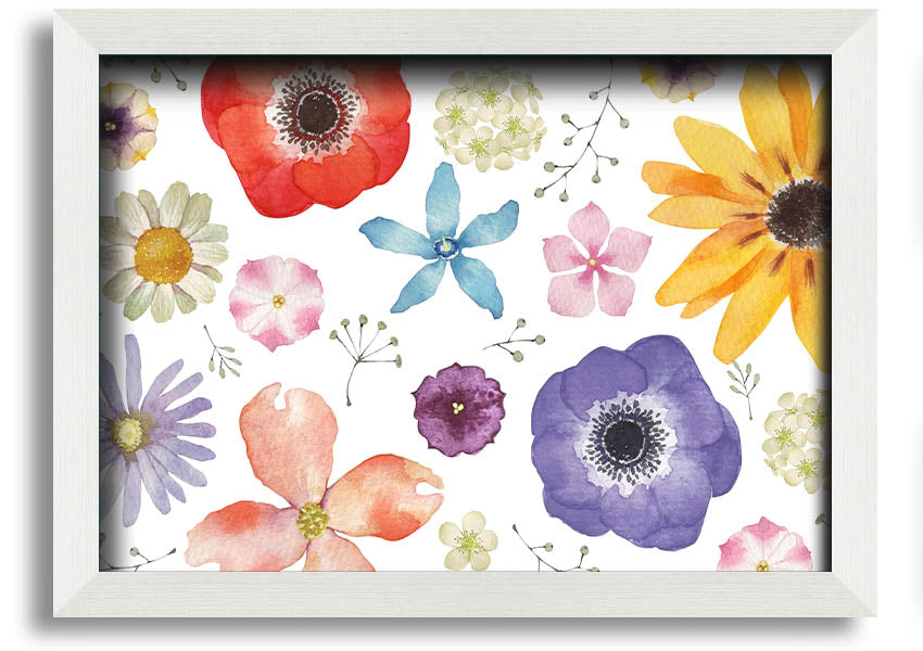 Aerial view of colorful flowers framed print, showcasing vibrant colors and intricate details, ready to hang.